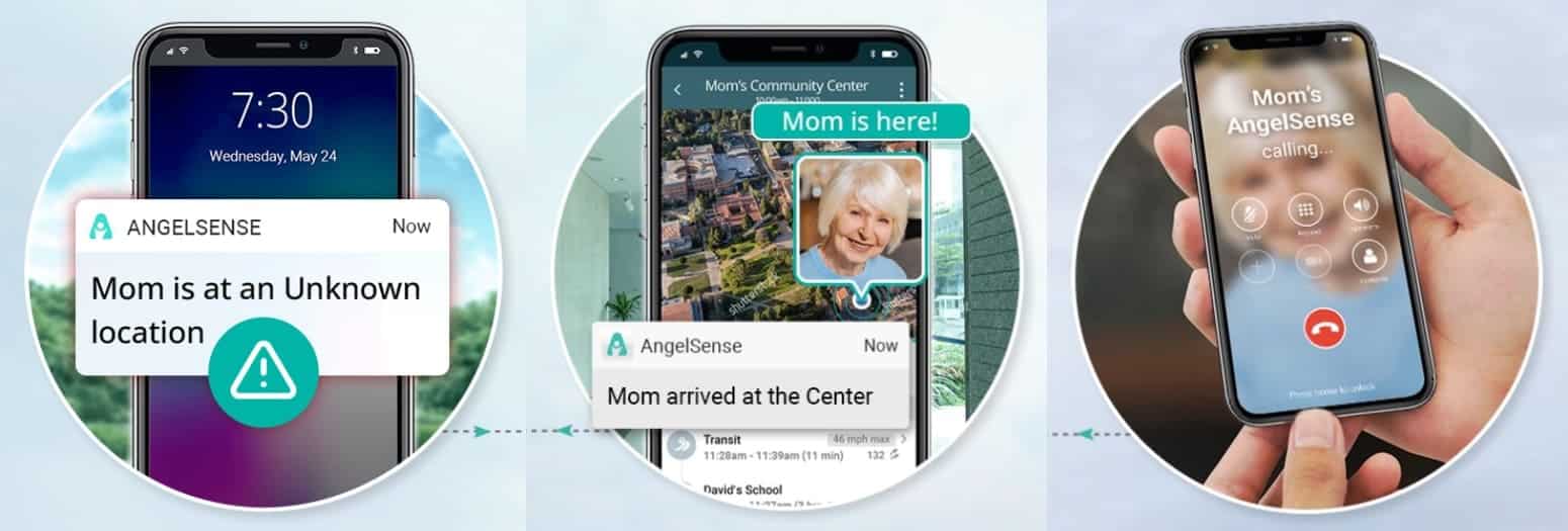 Uma imagem do AngelSense mostrando seus recursos de rastreamento de localização e chamadas