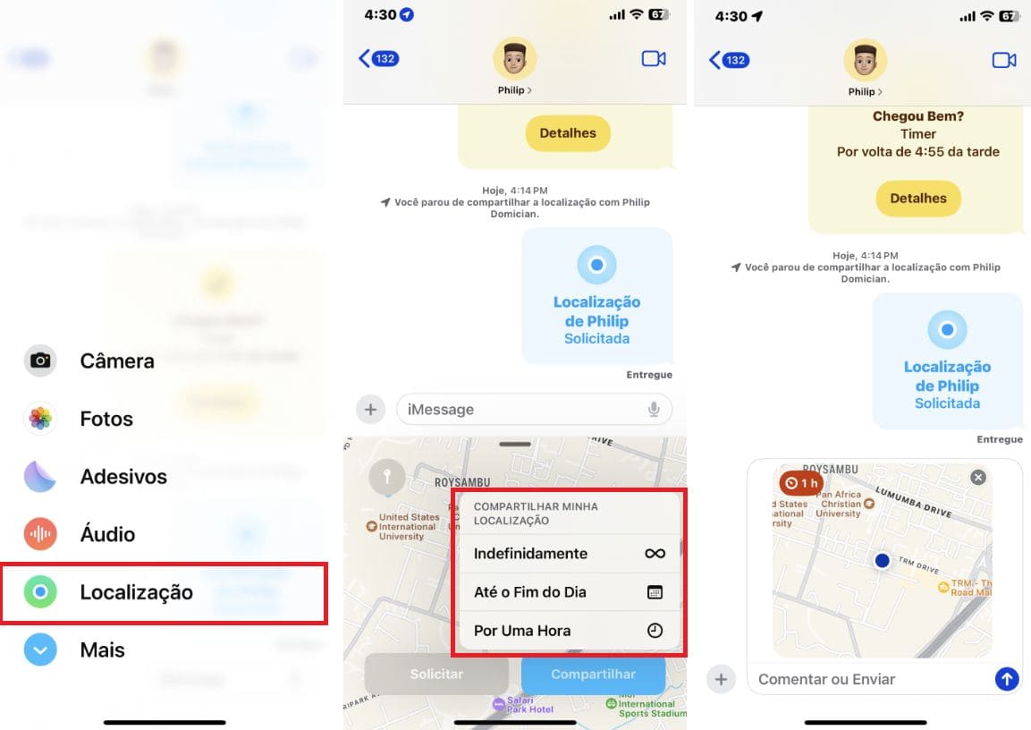 Capturas de tela do iPhone com etapas sobre como usar o recurso de compartilhamento de localização no iMessage