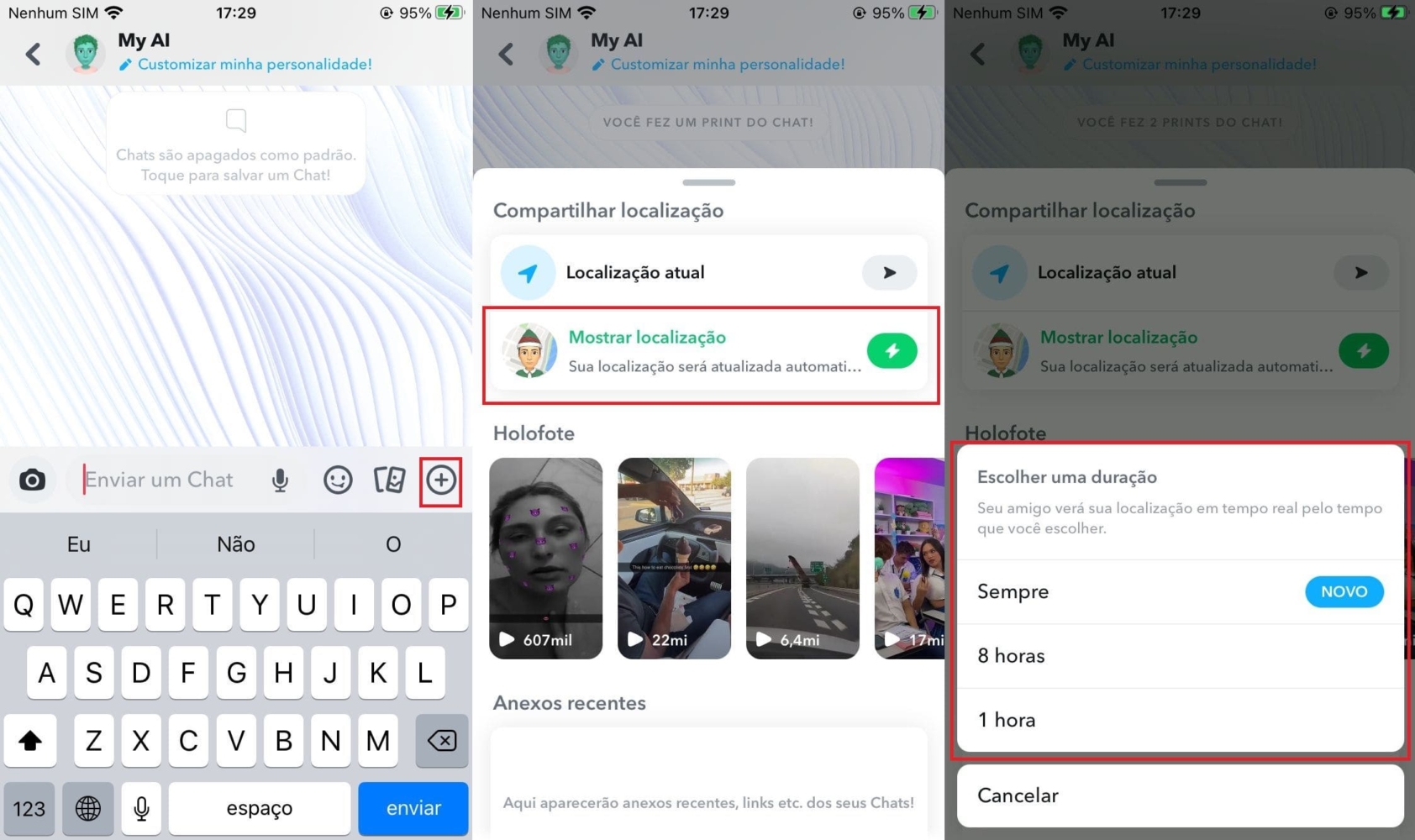 Imagem com o passo a passo para compartilhar localização do Snapchat no iPhone