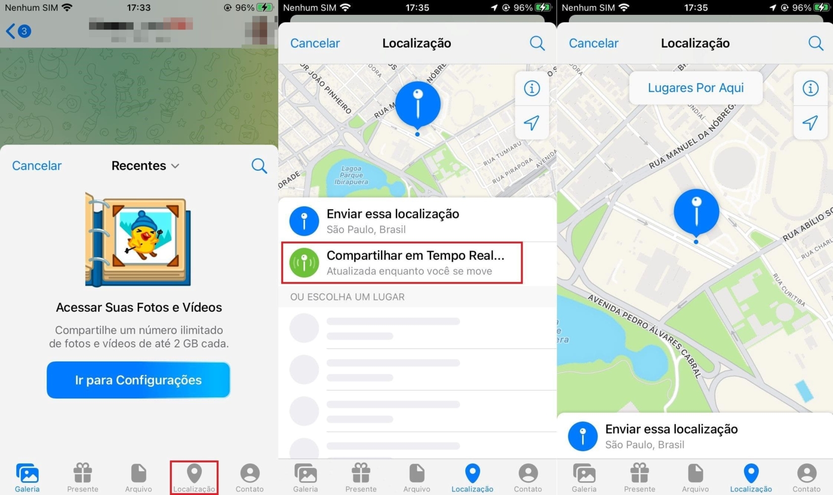 Imagem com o passo a passo para compartilhar localização do Telegram no iPhone