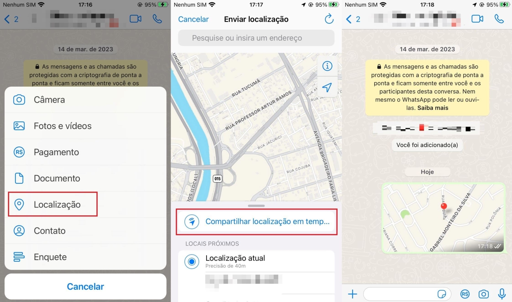 Imagem com o passo a passo para compartilhar localização do Whatsapp no iPhone