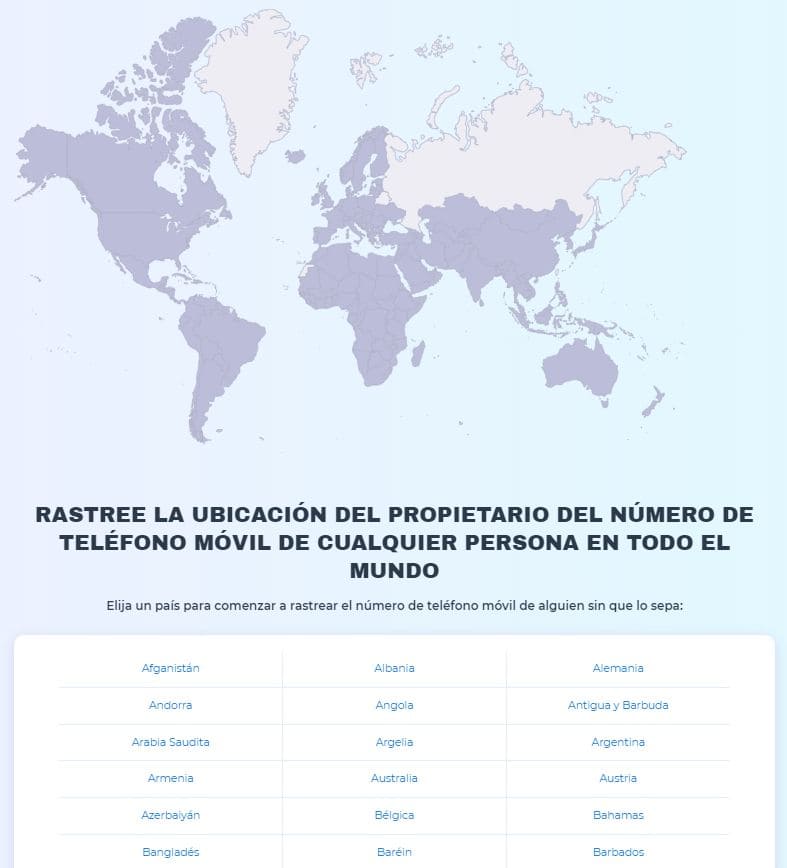 Captura de tela do site da HeyLocate com mapa e lista de alguns países para rastrear a localização do telefone em todo o mundo