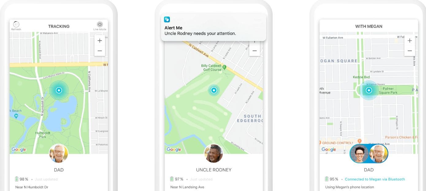 Três telas de smartphone mostrando um aplicativo de rastreamento de localização com perfis no Jiobit