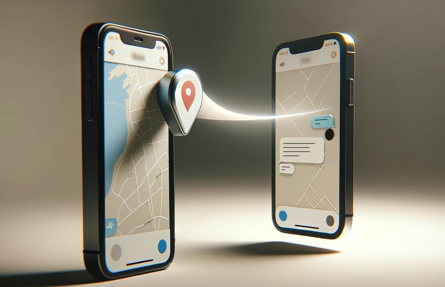 Dois telefones com mapas abertos na tela e um ícone de localização entre eles, de telefone para telefone