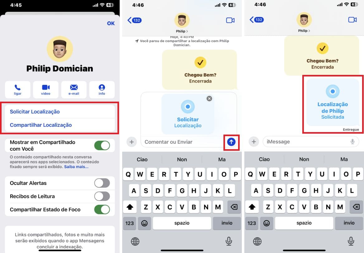 Capturas de tela do iPhone com passos sobre como solicitar a localização de alguém no iMessage