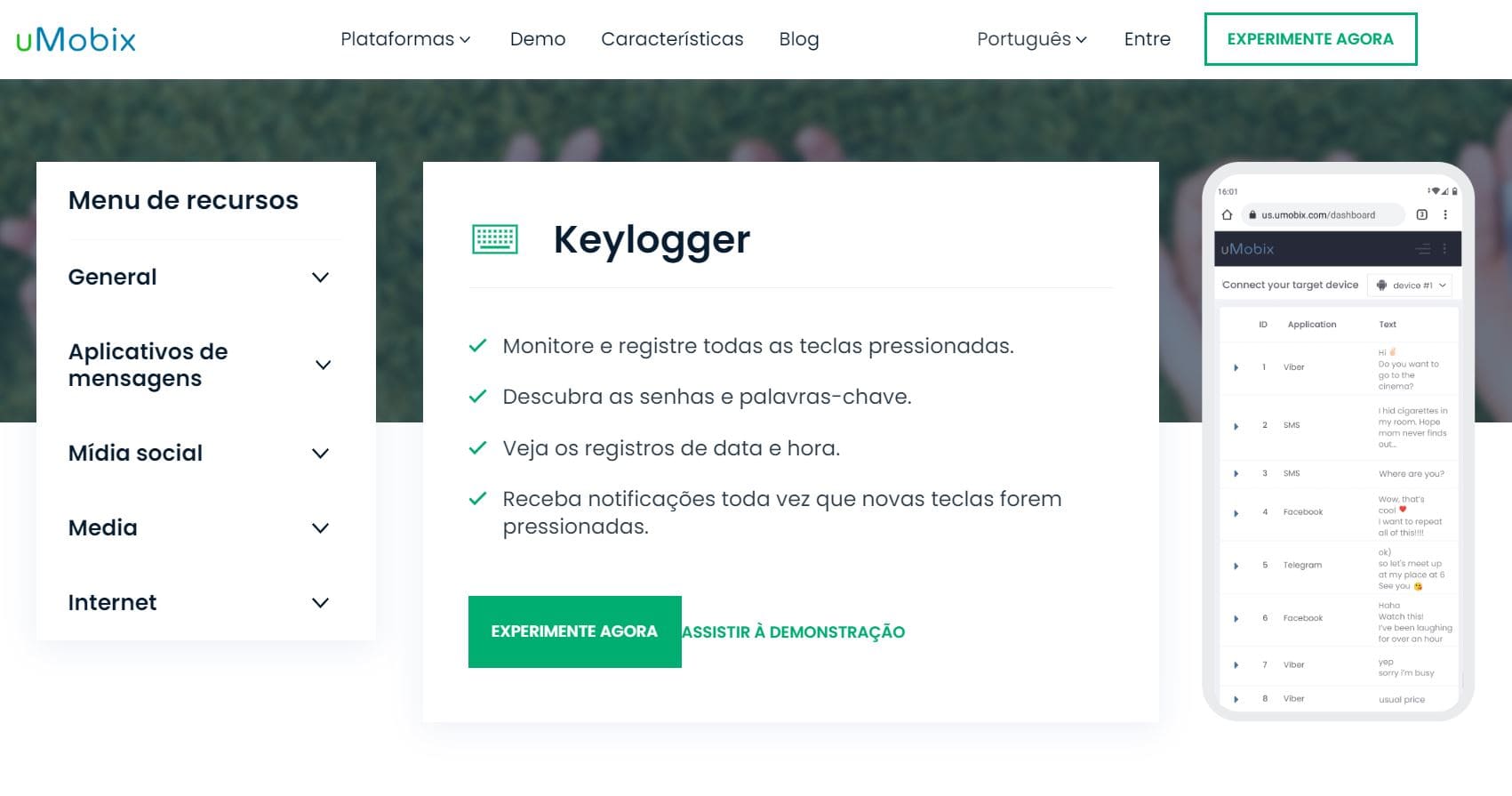 Captura de tela do site do uMobix com informações sobre o keylogger
