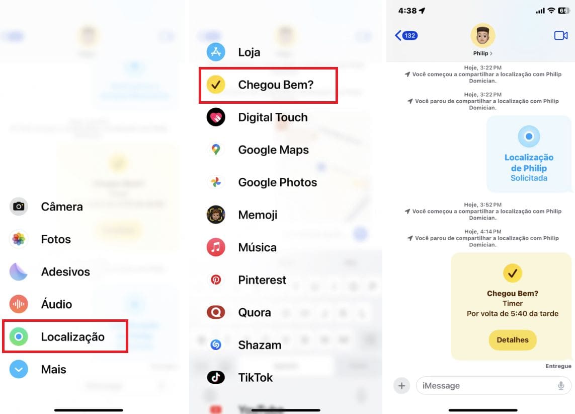 Capturas de tela do iPhone com etapas sobre como usar o recurso que compartilha a sua localização "Chegou Bem?" no iMessage