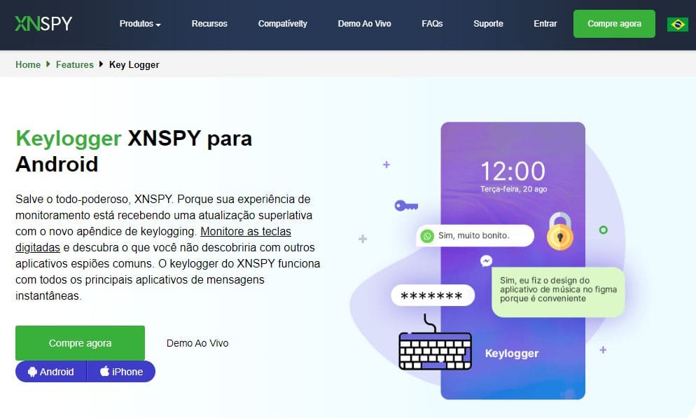 Captura de tela do site XNSPY com informações sobre o keylogger
