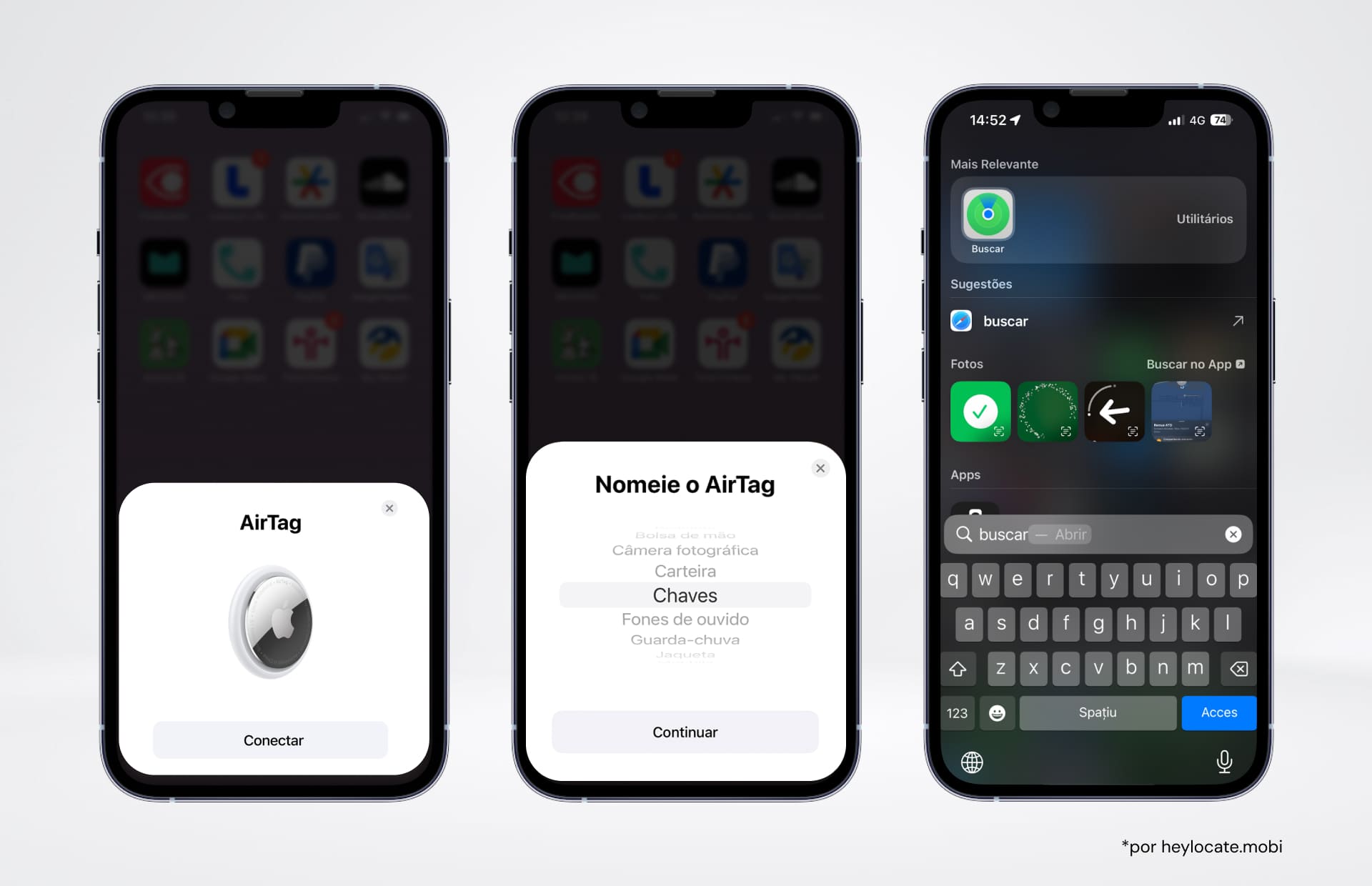 Três iPhones mostrando diferentes estágios de uso do Apple AirTag. O primeiro mostra a conexão com o AirTag, o segundo mostra a interface de nomeação do AirTag e o terceiro mostra a entrada para o aplicativo Buscar