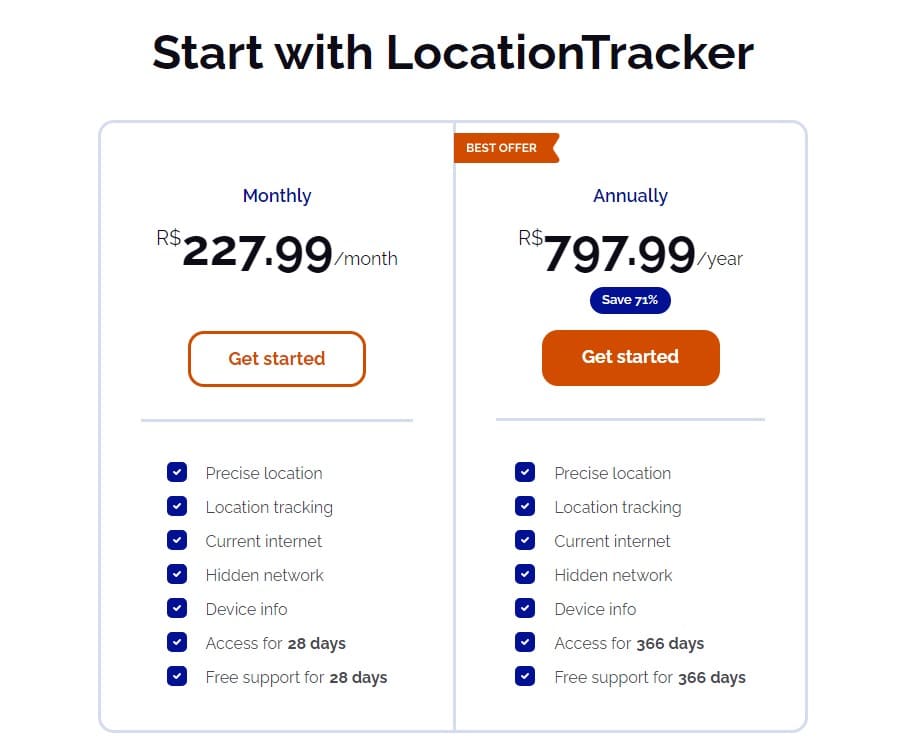 Página de Preços do rastreador Location Tracker