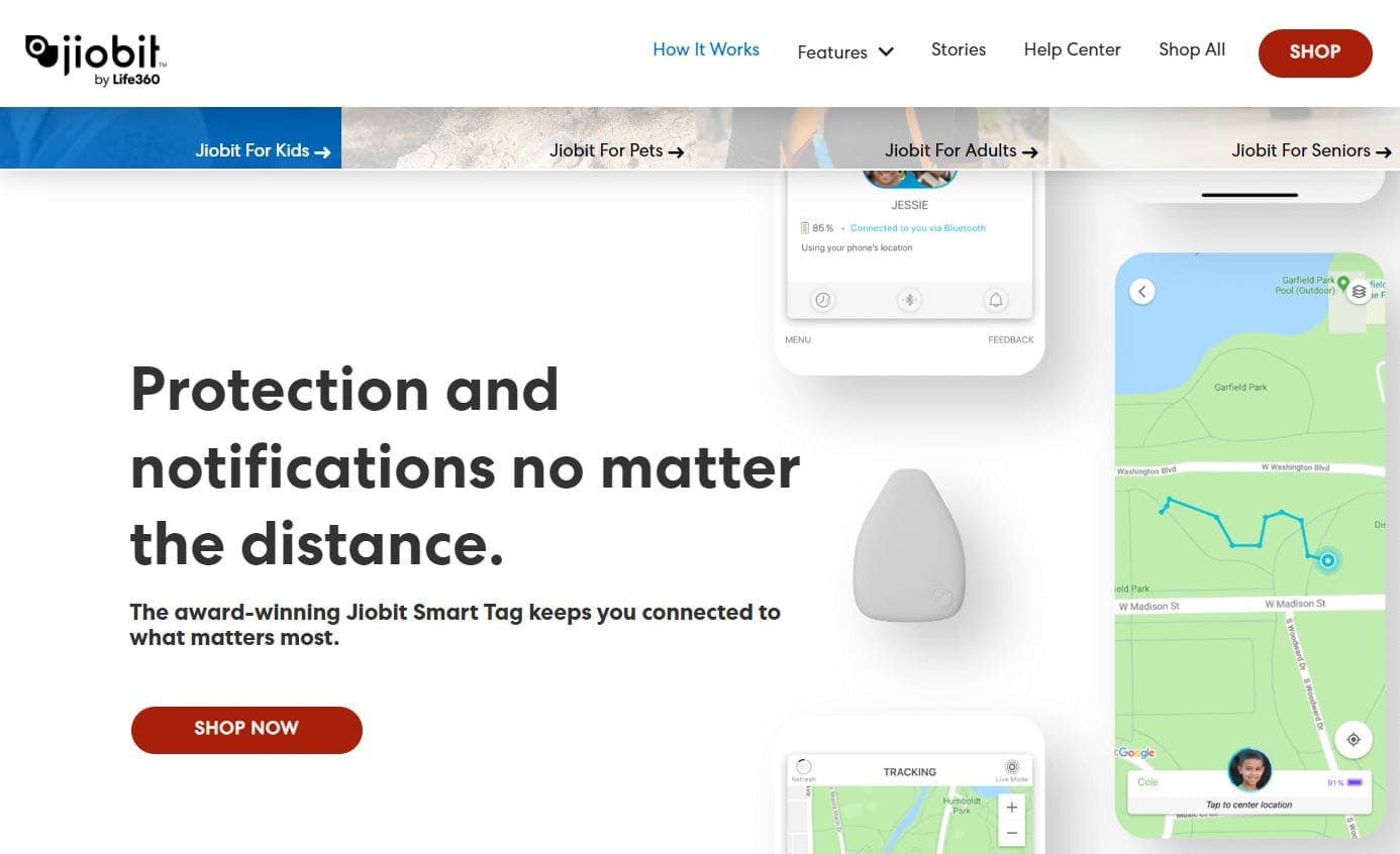 Visualização do site da proteção Jiobit e notificações independentes da distância com o botão Comprar