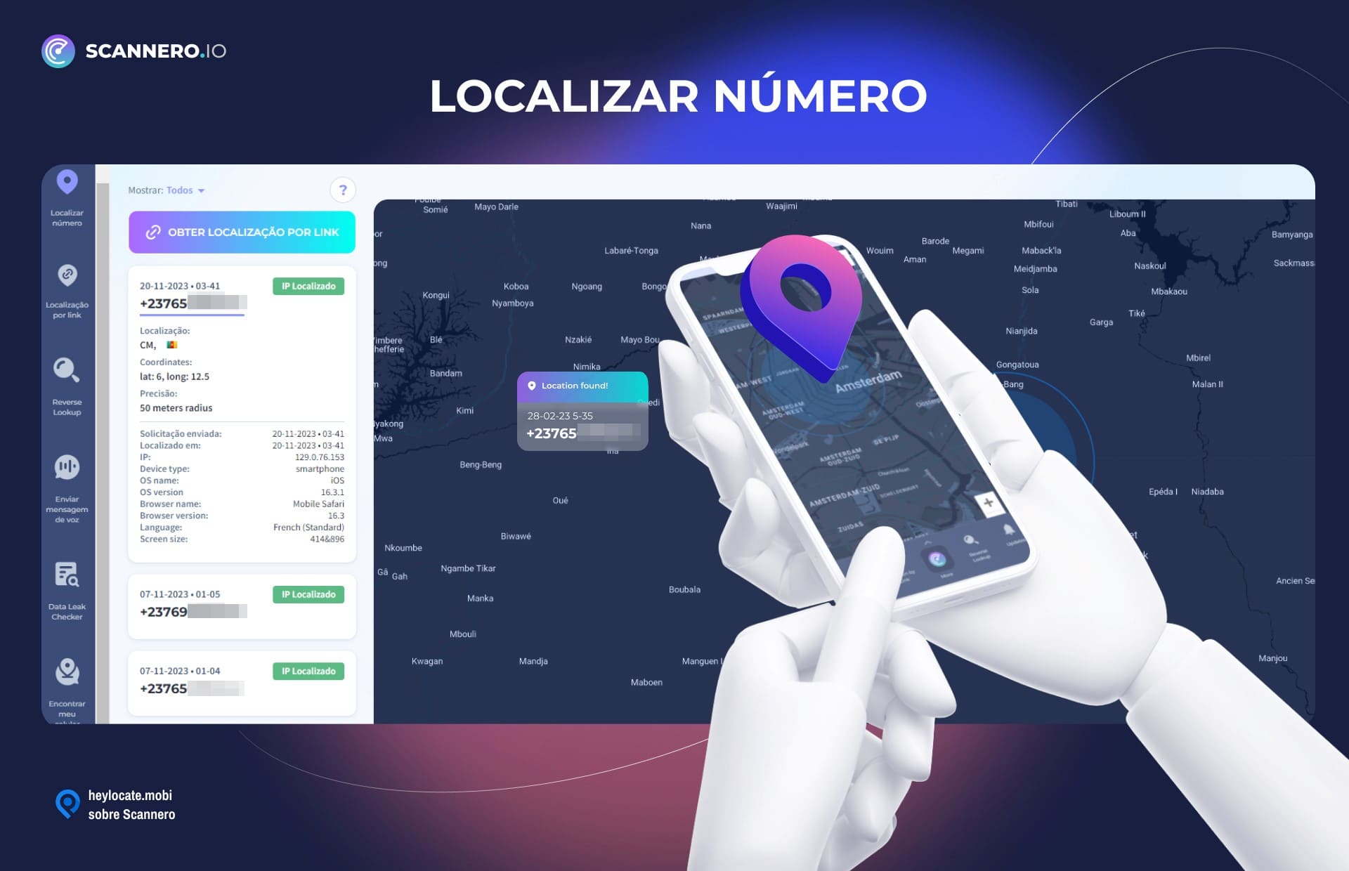Ilustração de uma mão segurando um smartphone com o aplicativo Scannero aberto, apontando uma localização em um mapa, ao lado de elementos de interface que mostram o rastreamento de localização por número de telefone.