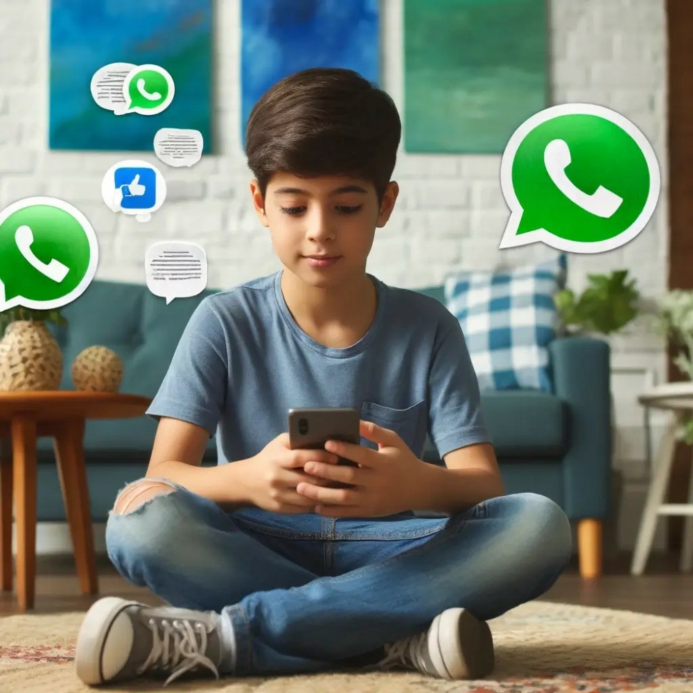Um garoto de 10 anos sentado no chão em um ambiente fechado, usando o WhatsApp em seu smartphone
