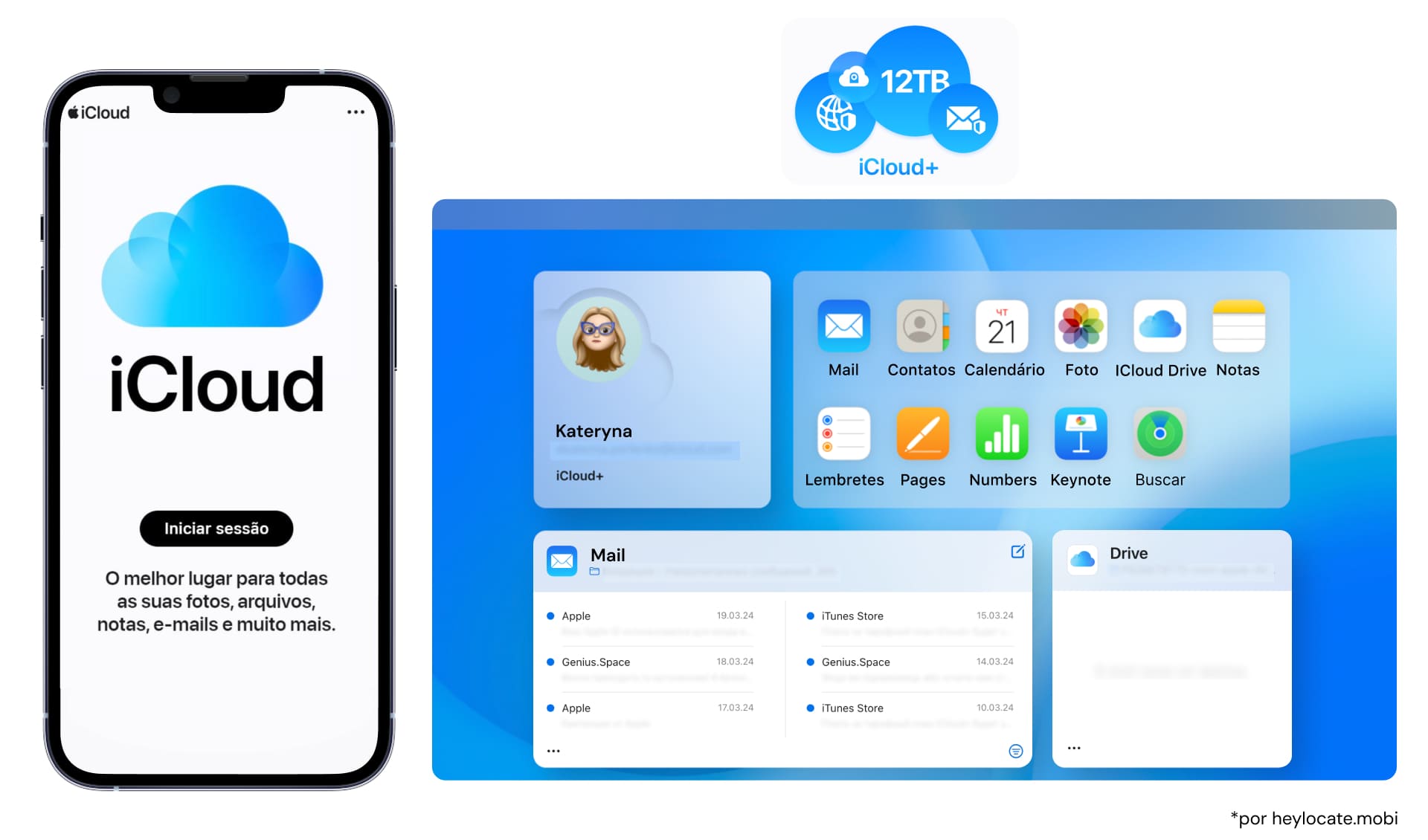 Capturas de tela que mostram um smartphone com a tela de login do iCloud e uma interface de desktop que exibe o armazenamento e os serviços do iCloud.