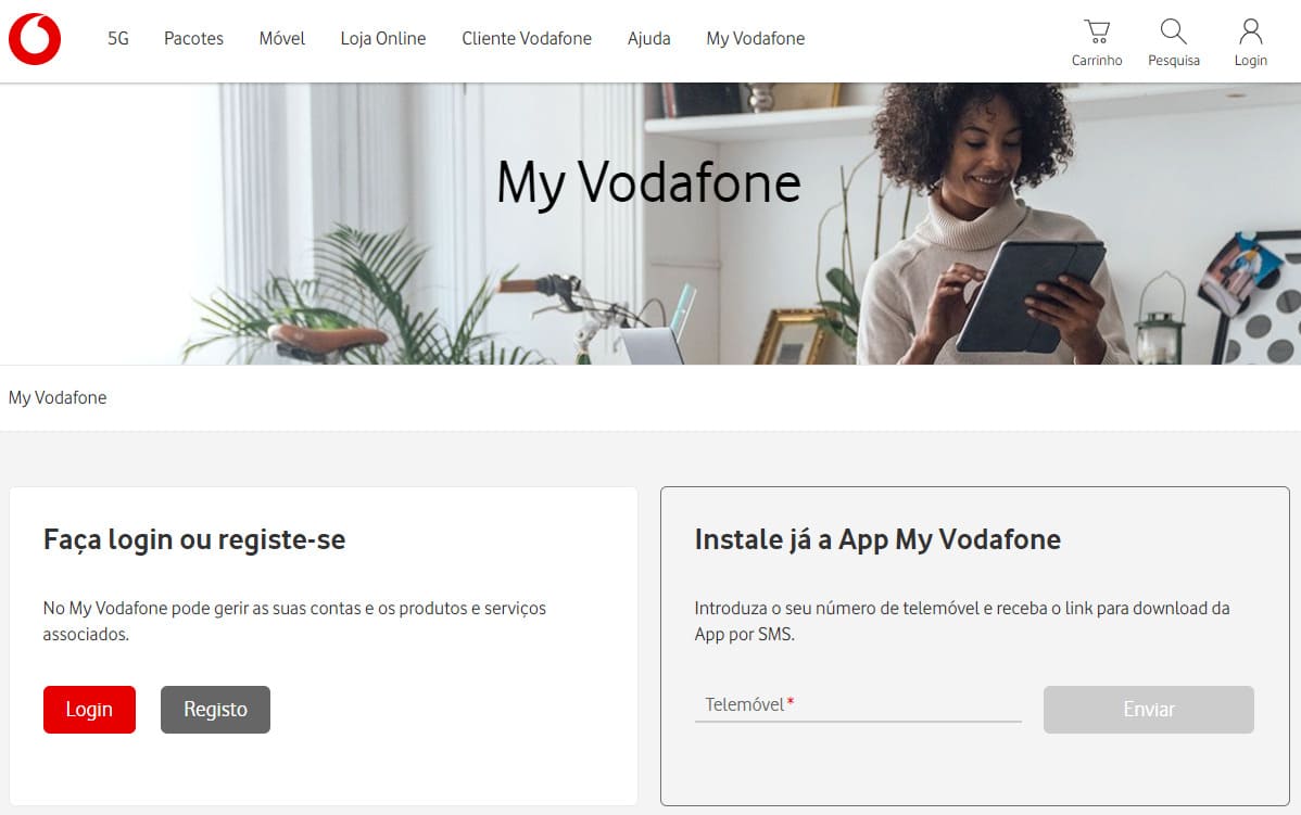 Uma imagem da página de controlos de conta no website da Vodafone