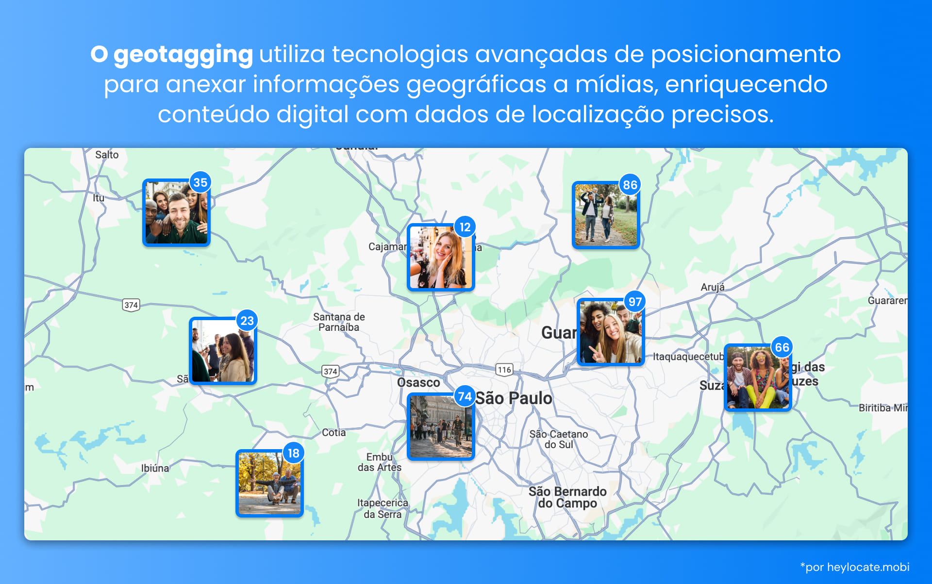 Um mapa que exibe fotos com geotags mostrando suas localizações específicas