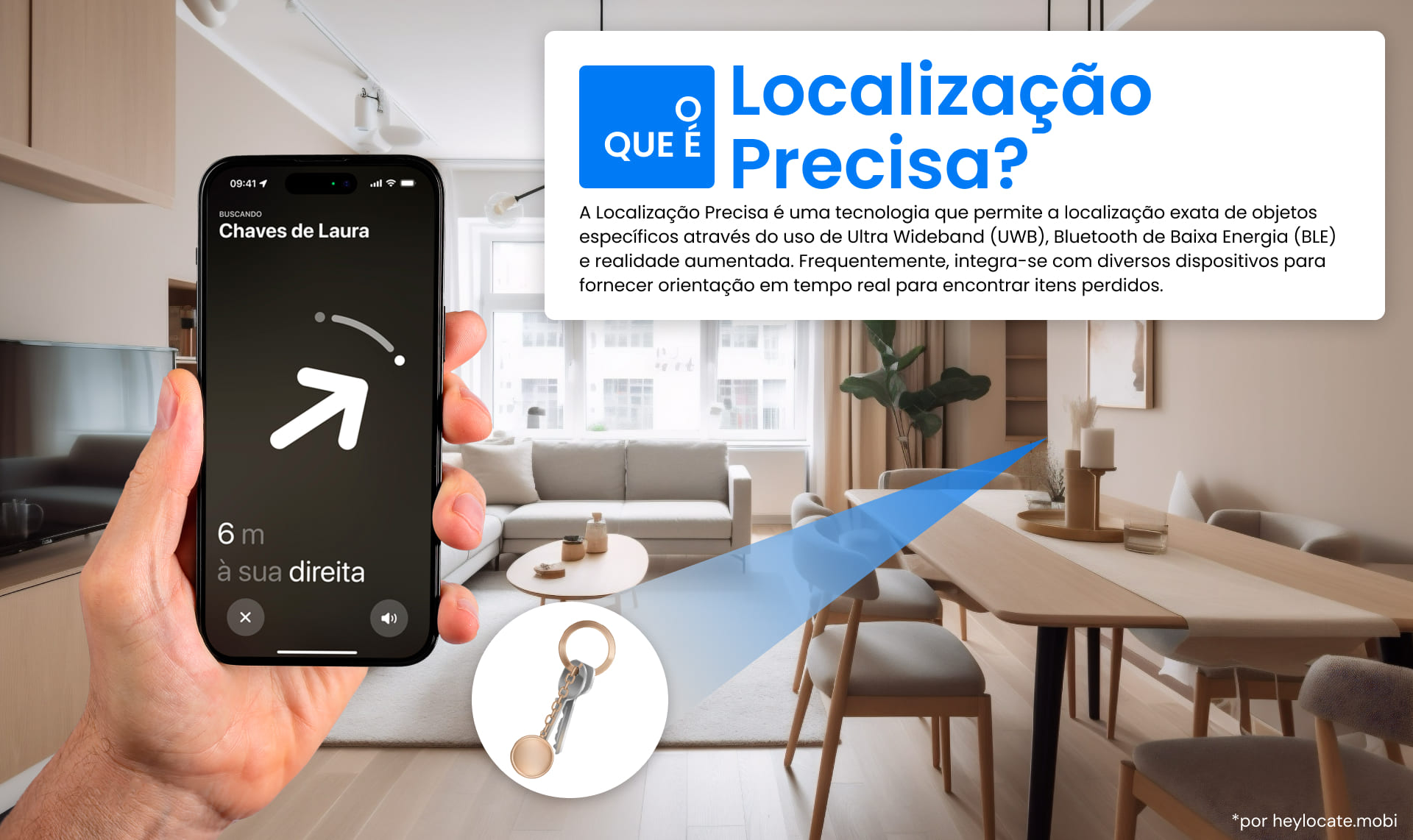 Uma imagem que ilustra o conceito de Precision Finding usando um smartphone para localizar um objeto, por exemplo, chaves, destacando o uso da tecnologia UWB e BLE.