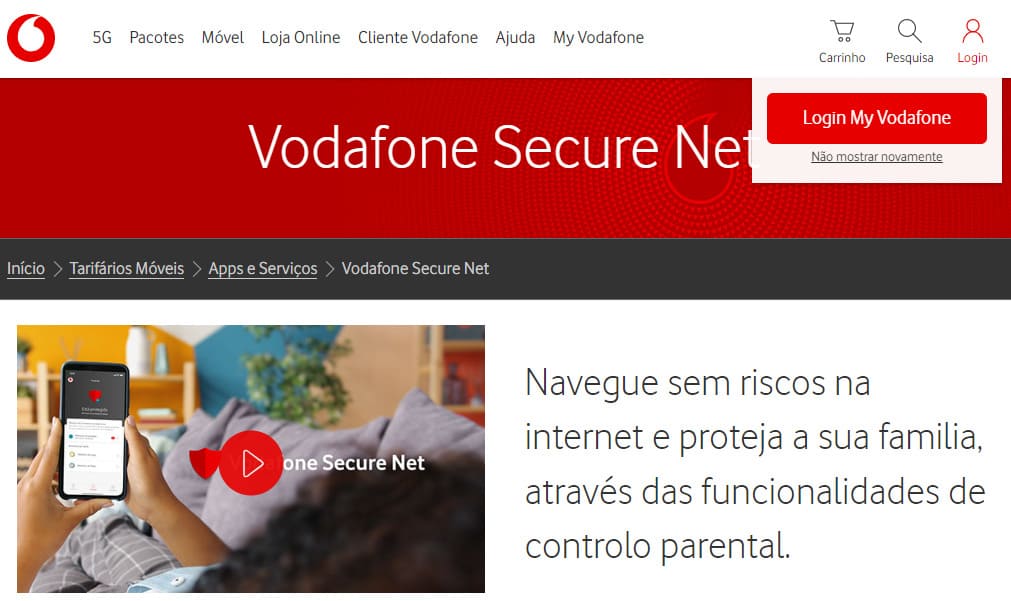 Uma imagem da página inicial do Vodafone Secure Net