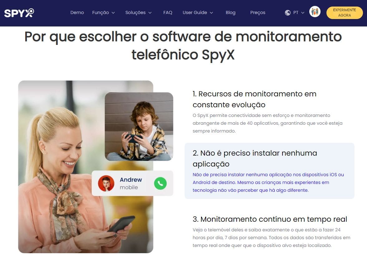 Captura de tela da página do site com os três benefícios do SpyX para telefone