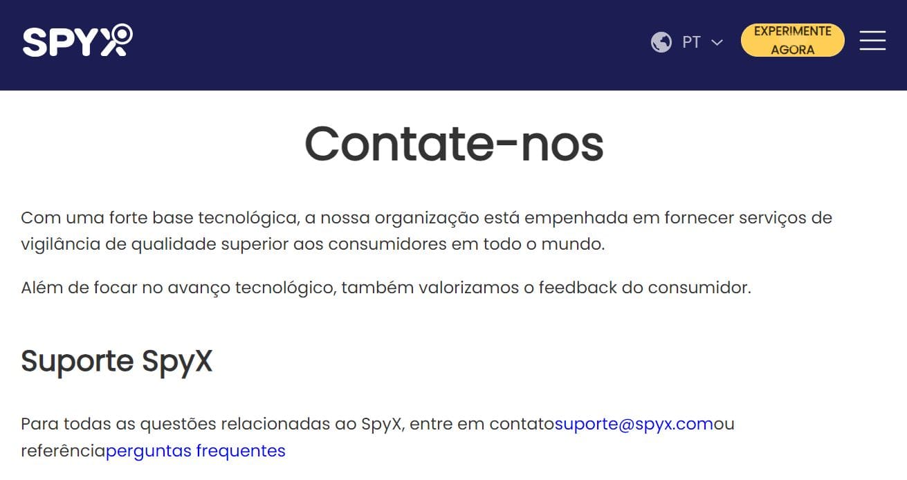 Uma imagem da página de suporte de contato do SpyX
