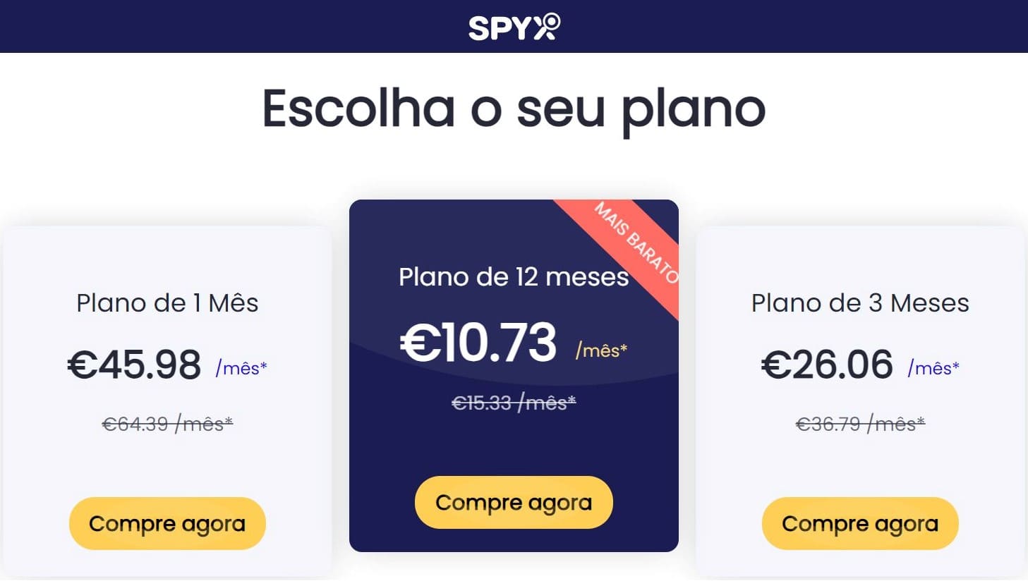 Especificação de preços para a compra de planos personalizados do SpyX