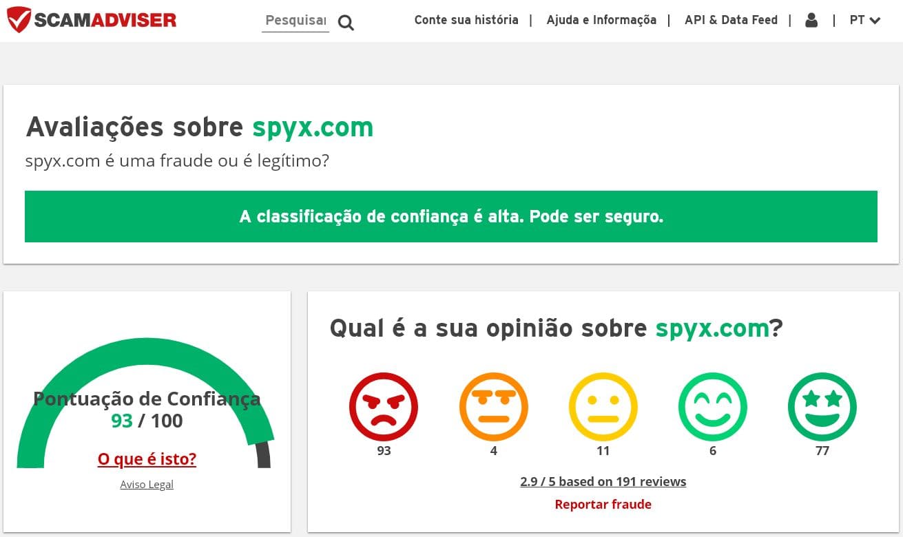 Uma imagem da pontuação de confiança do SpyX no Scamadviser