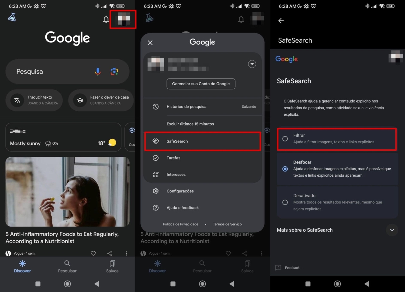 Uma imagem de ativação do SafeSearch no aplicativo Google