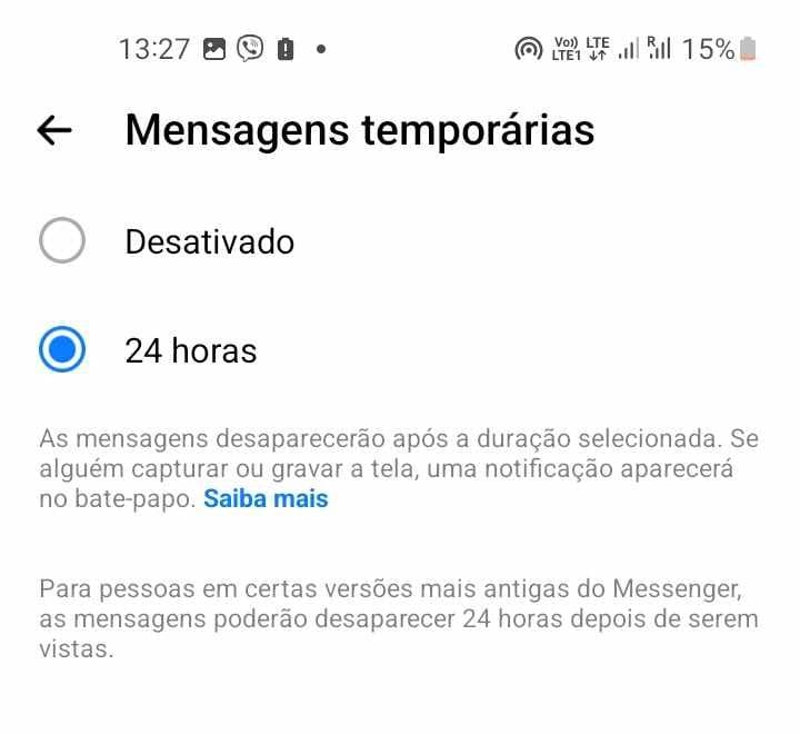Captura de tela da tela para definir o tempo de desaparecimento da mensagem