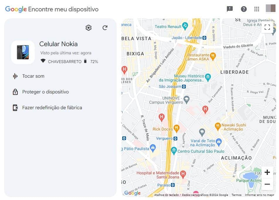Imagem rastreando um celular nokia através do Encontre Meu Dispositivo da Google