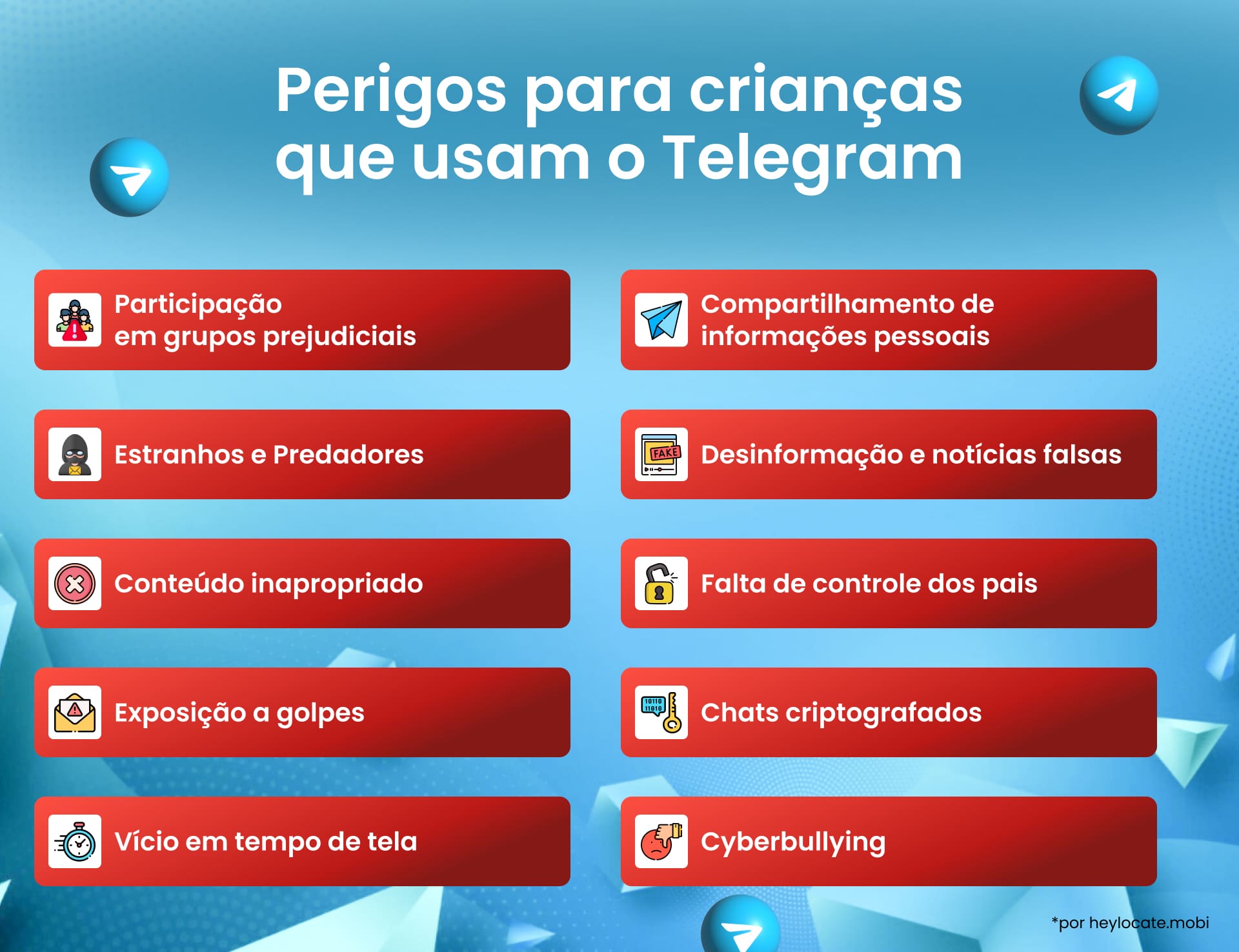 Lista de Perigos para crianças que usam o Telegram:
Conteúdo inapropriado,
Estranhos e Predadores,
Cyberbullying,
Exposição a golpes,
Falta de controle dos pais,
Chats criptografados,
Vício em tempo de tela,
Compartilhamento de informações pessoais,
Desinformação e notícias falsas,
Participação em grupos prejudiciais