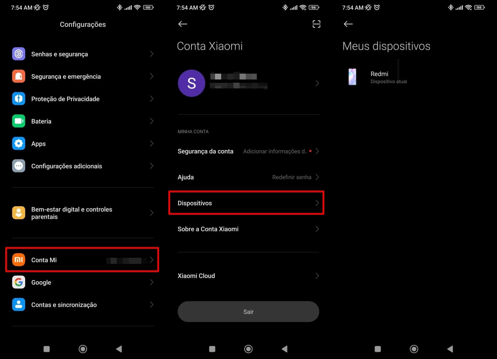 Imagem demonstrando o acesso das Configurações da Conta Xiaomi no celular