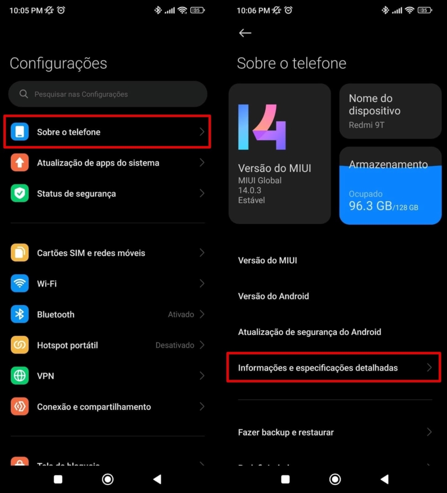 Abrir a seção Sobre na Xiaomi para procurar o número IMEI