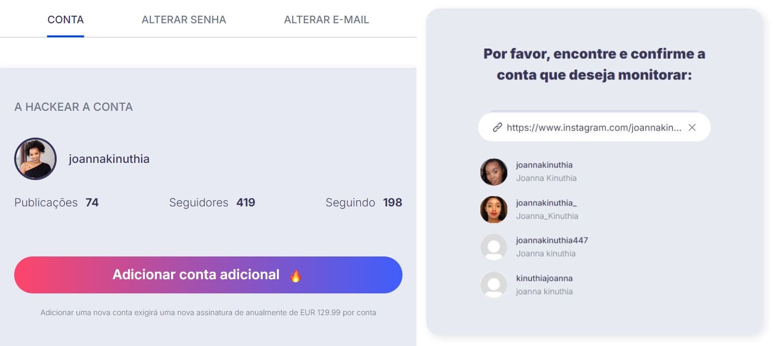 Duas capturas de ecrã da adição de uma nova conta Glassagram para seguir a sua conta Instagram