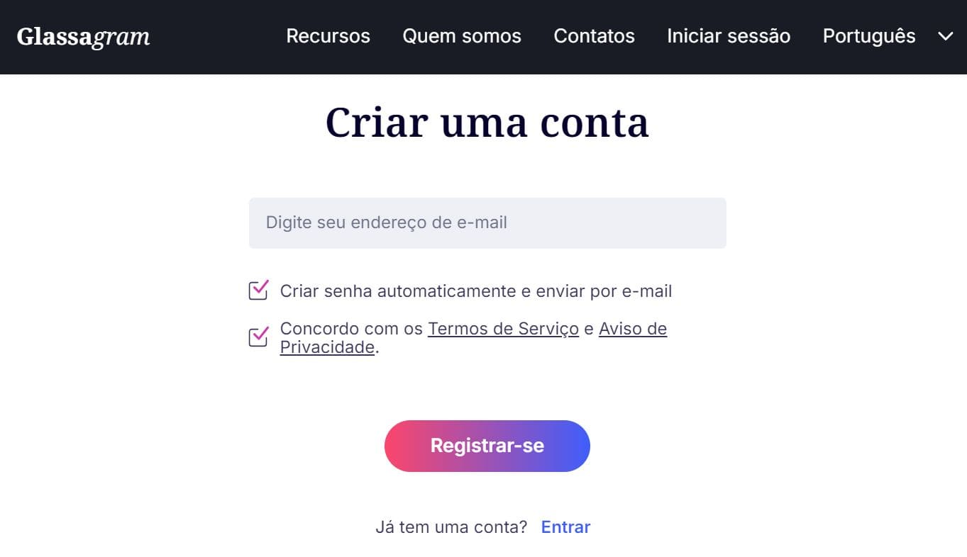 Vista do formulário de preenchimento do formulário para criar uma conta no sítio Web do Glassagram