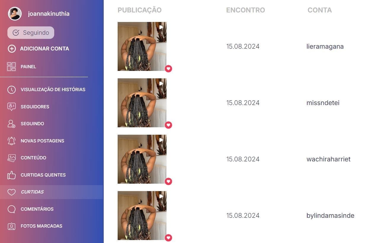 Uma imagem da funcionalidade de visualização dos gostos do Glassagram no seu painel de controlo em linha