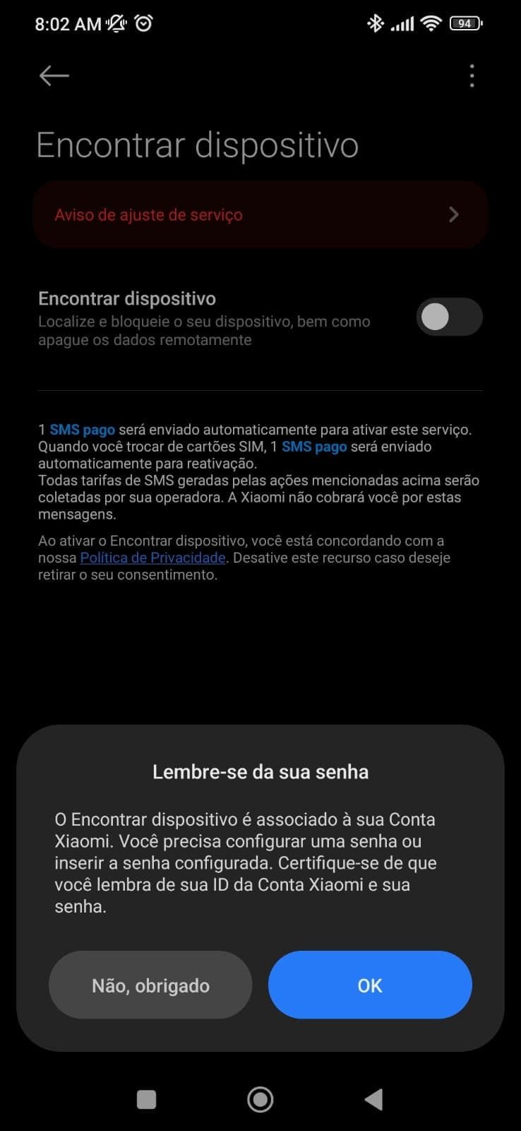 Imagem demonstrando a configurações da senha da conta Xiaomi ao usar o Encontrar Dispositivo