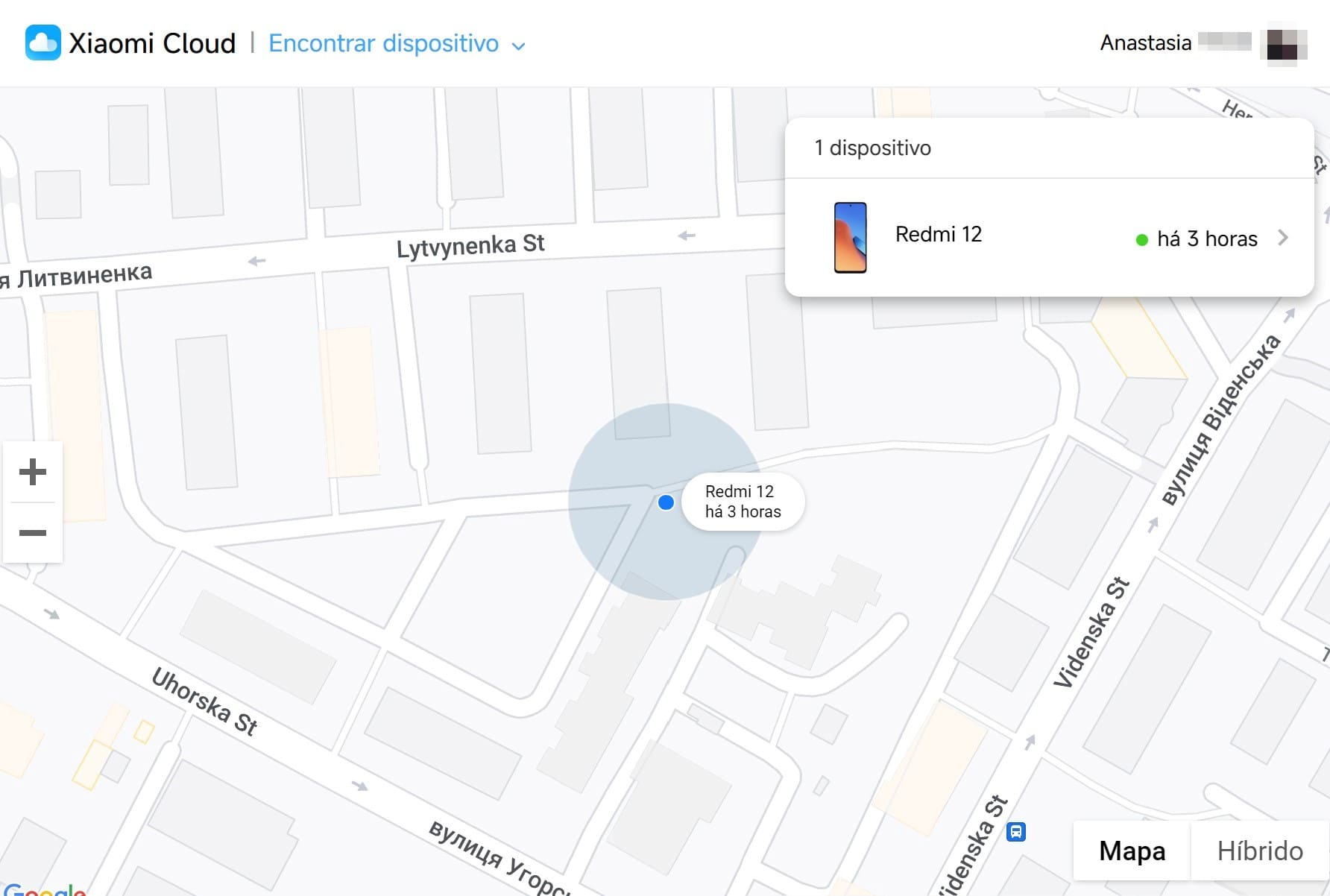 Uma imagem da localização do Mi Encontrar Dispositivo de um telefone Redmi perdido