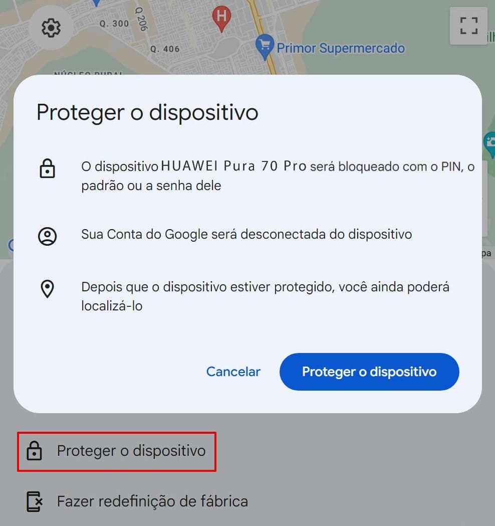 Uma imagem do recurso Dispositivo seguro em Localizar meu dispositivo