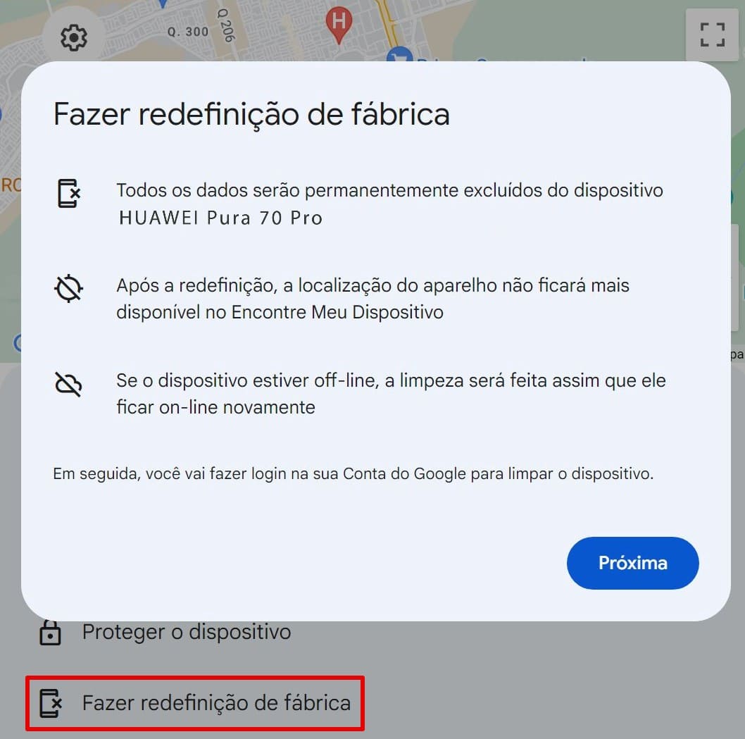 Uma imagem do recurso Erase Device (Apagar dispositivo) no Google Find My Device