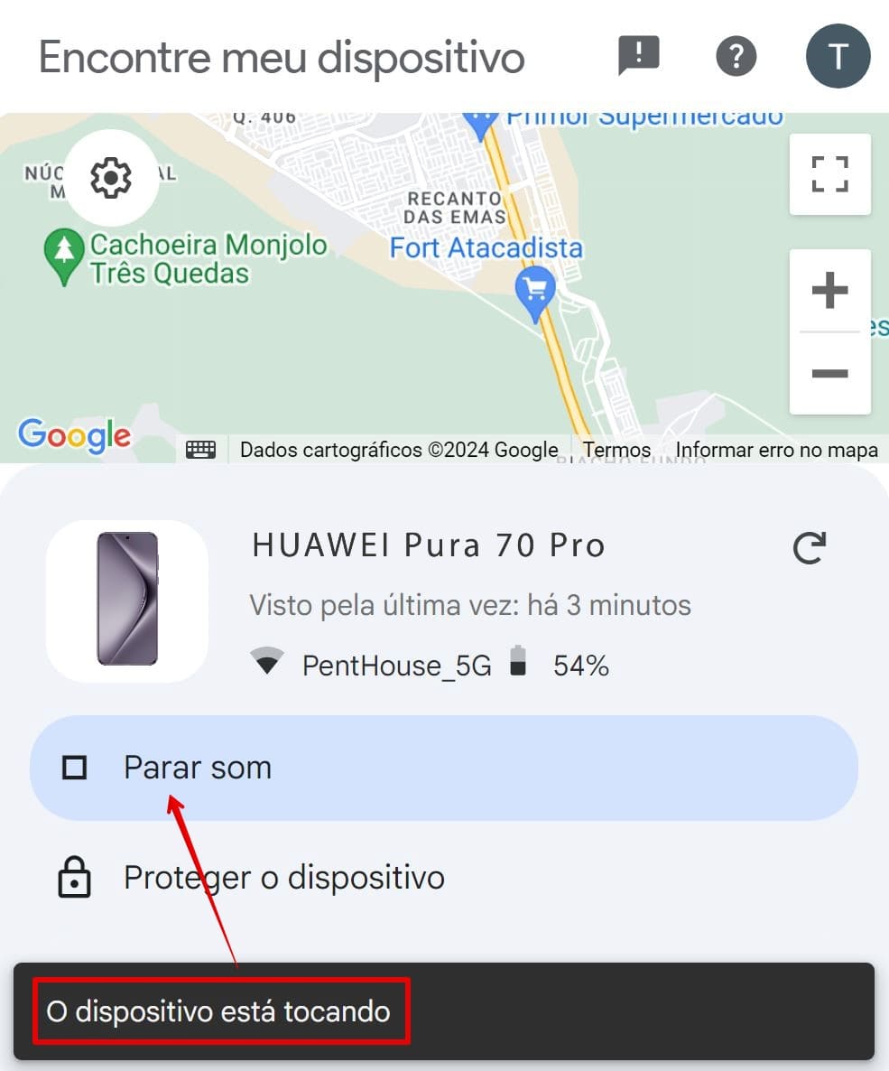 Uma imagem do recurso Reproduzir som em Localizar meu dispositivo