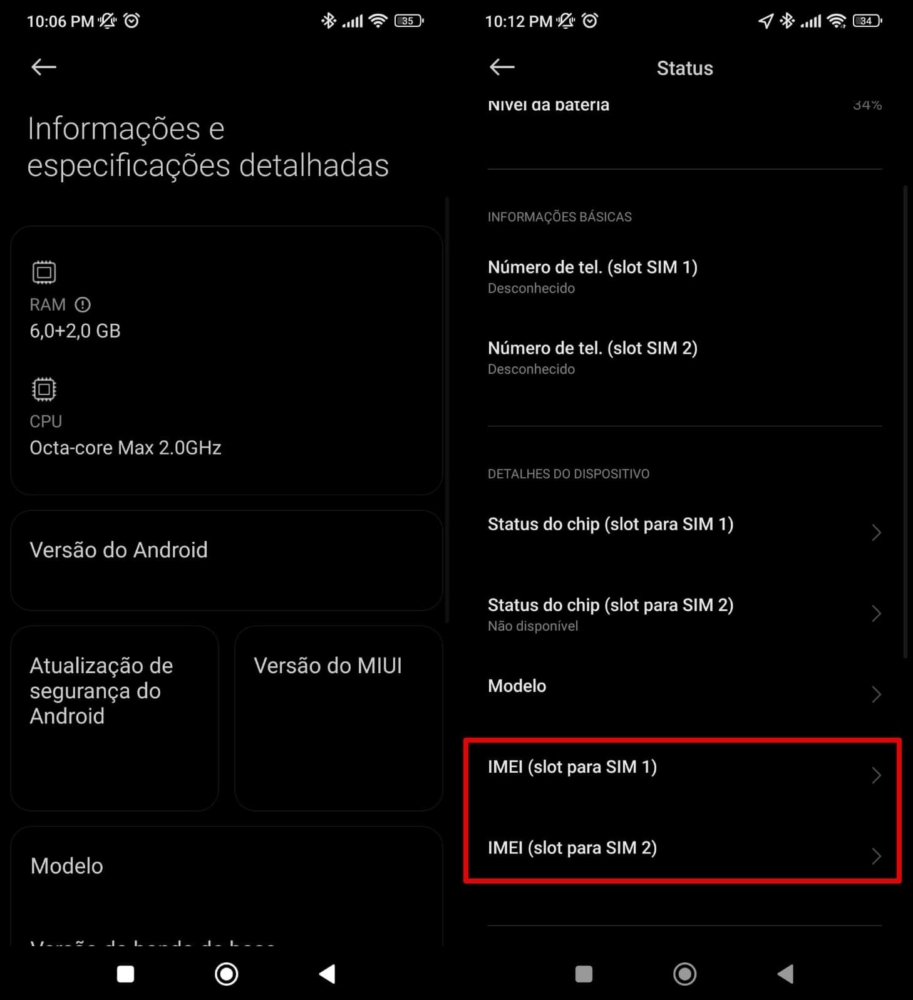 Imagem demonstrando as configuração do IMEI no Xiaomi