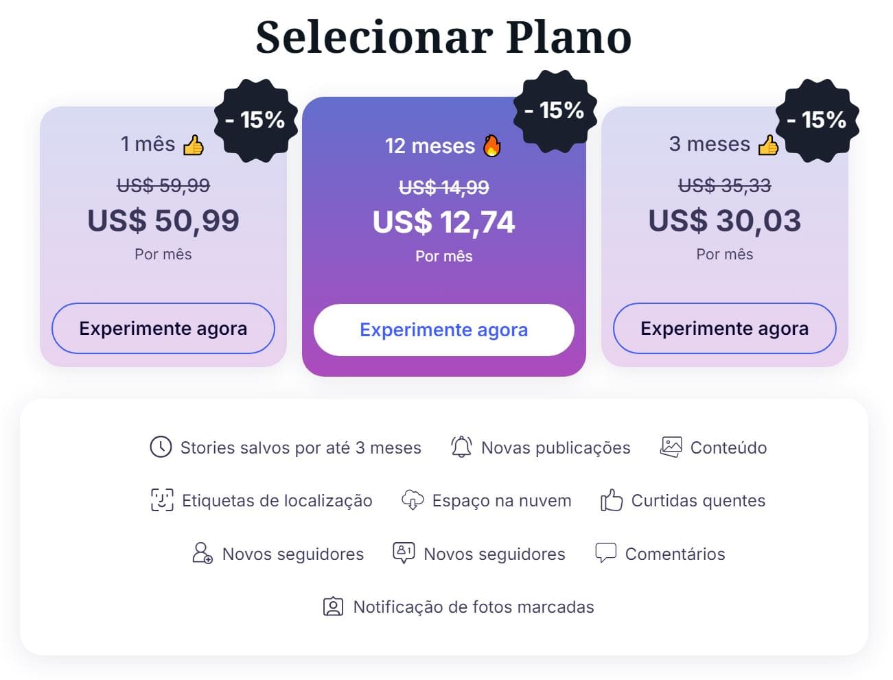 Uma imagem dos planos de preços no site da Glassagram