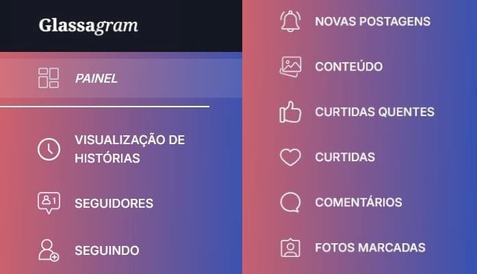 Painel do Glassagram para acompanhar o histórico, os seguidores, as novas publicações, os conteúdos, os gostos, os comentários e as fotografias marcadas no Instagram