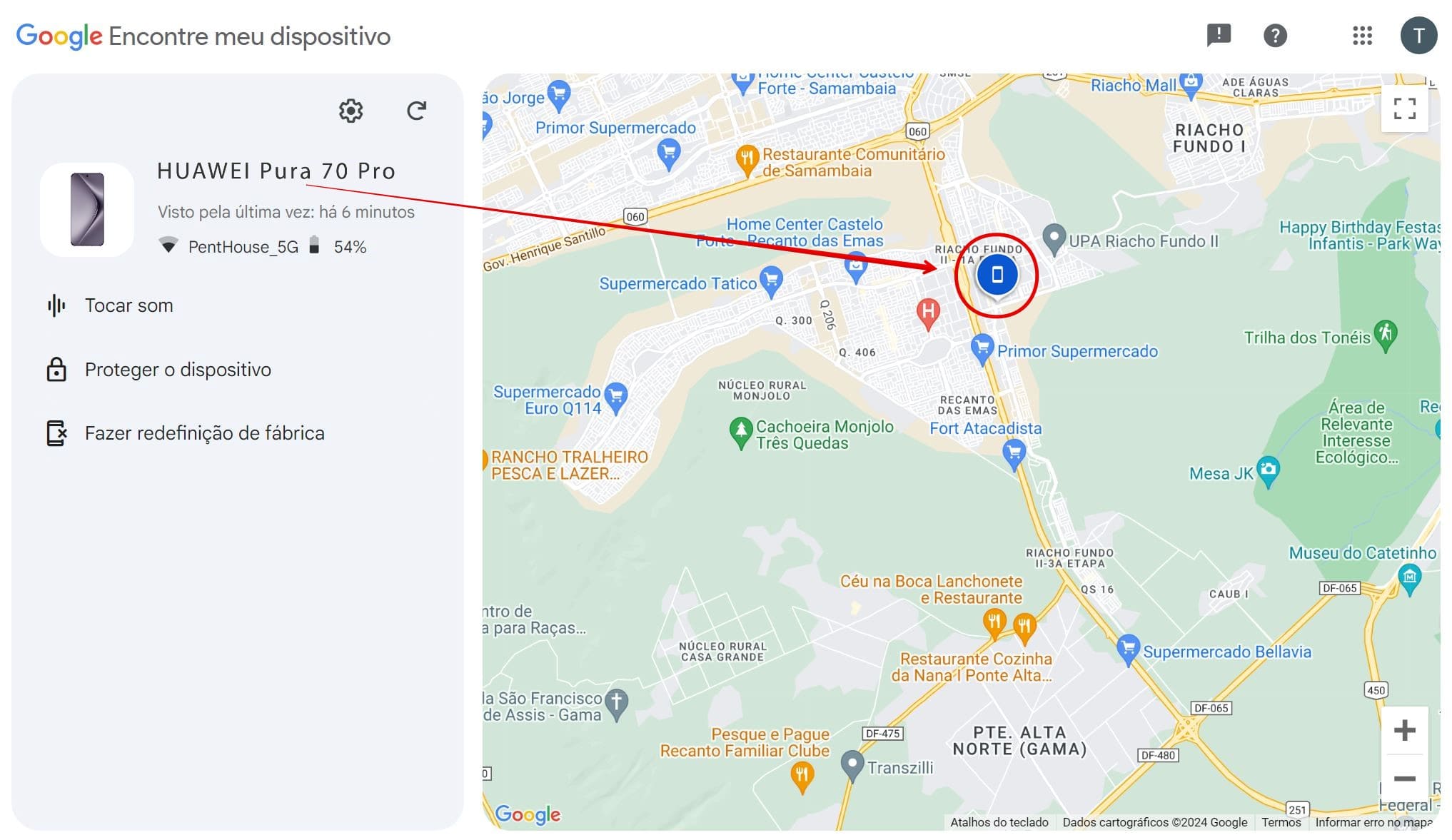Uma imagem da localização do celular Huawei no Google Find My Device