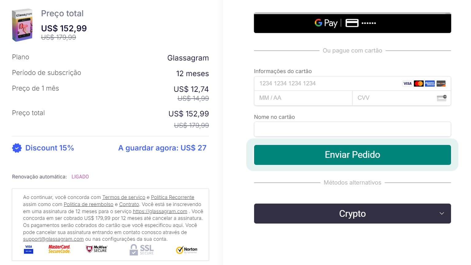 Imagem do processo de pagamento no site da glassagram