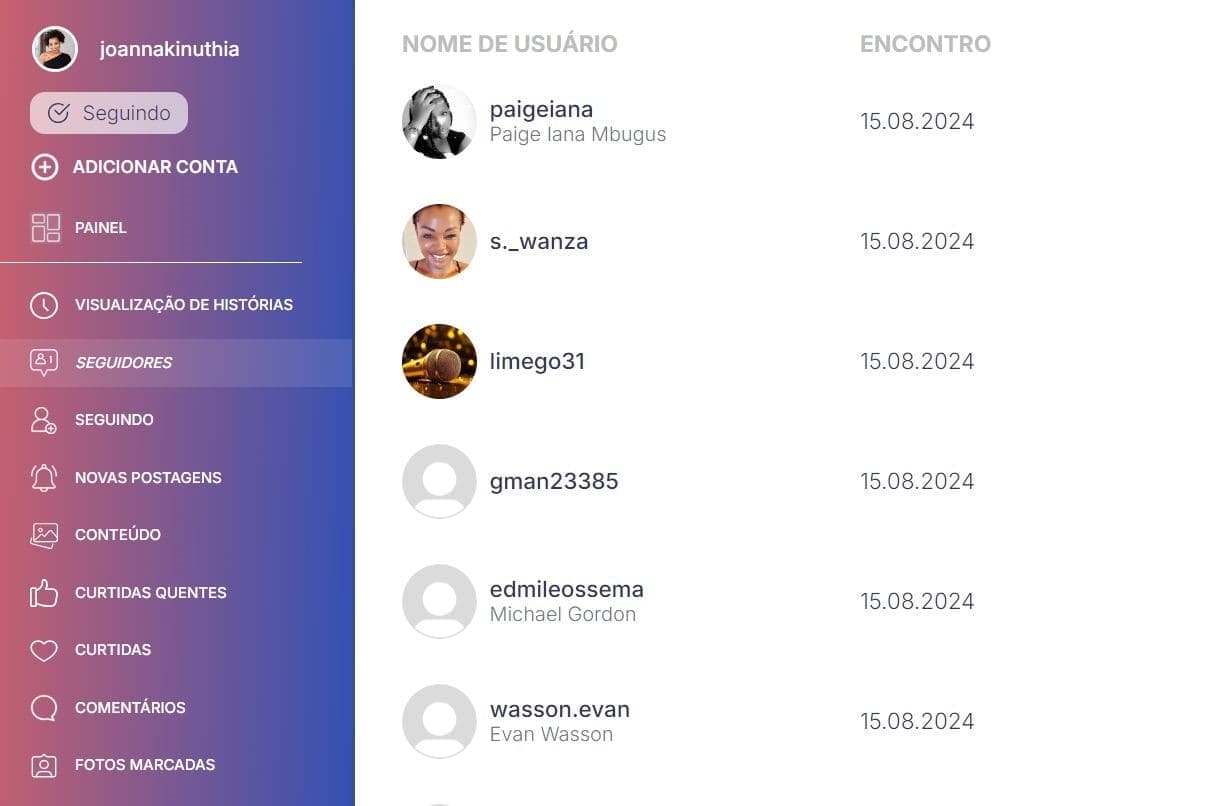 Uma imagem da secção Seguidores no painel de controlo do Glassagram
