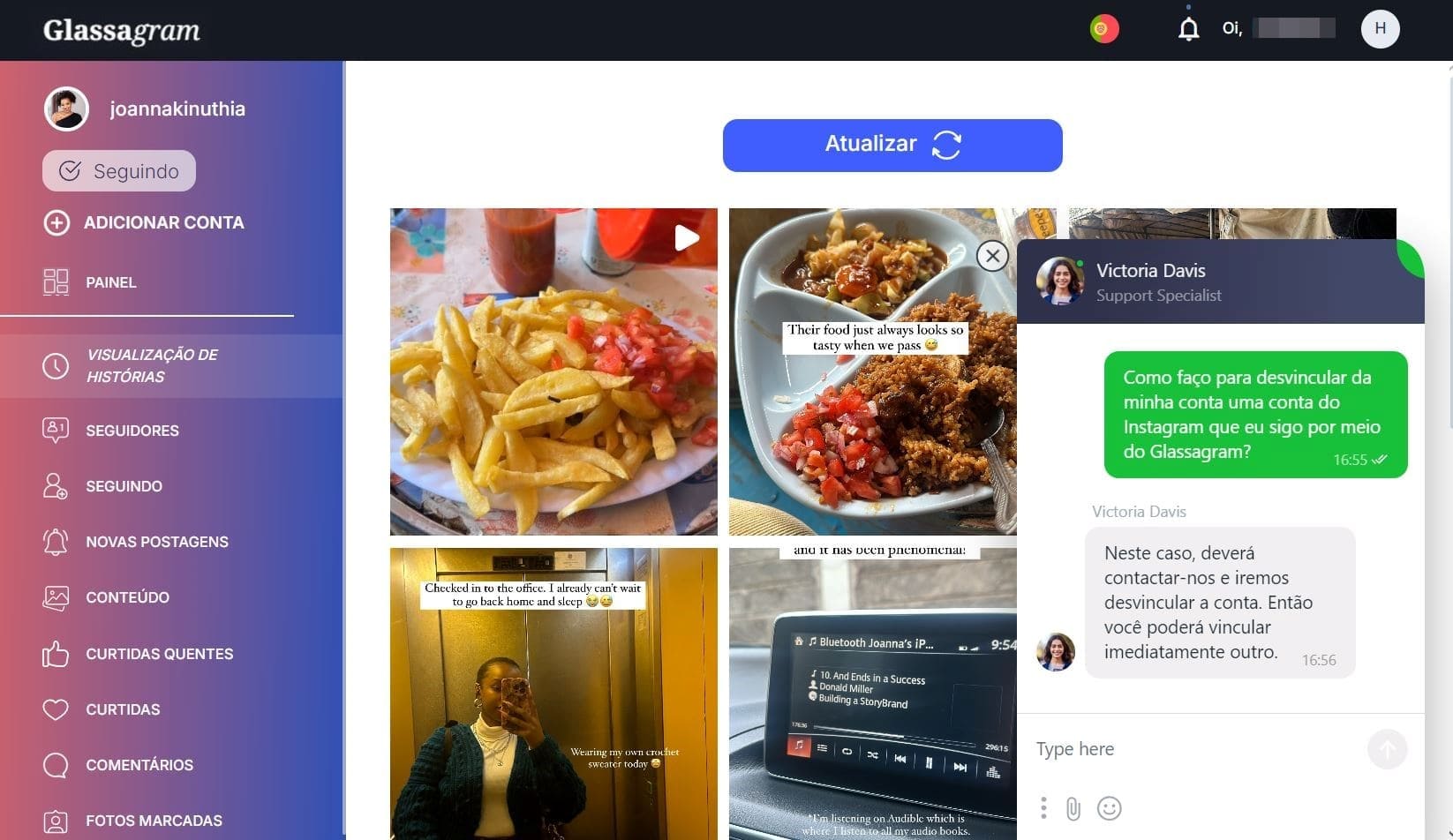 Uma imagem da secção de apoio ao cliente no Glassagram