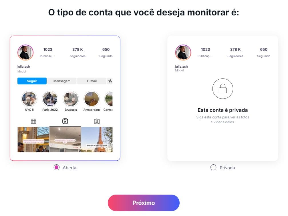 Vista do sítio que mostra informações sobre três tipos de contas Glassagram
