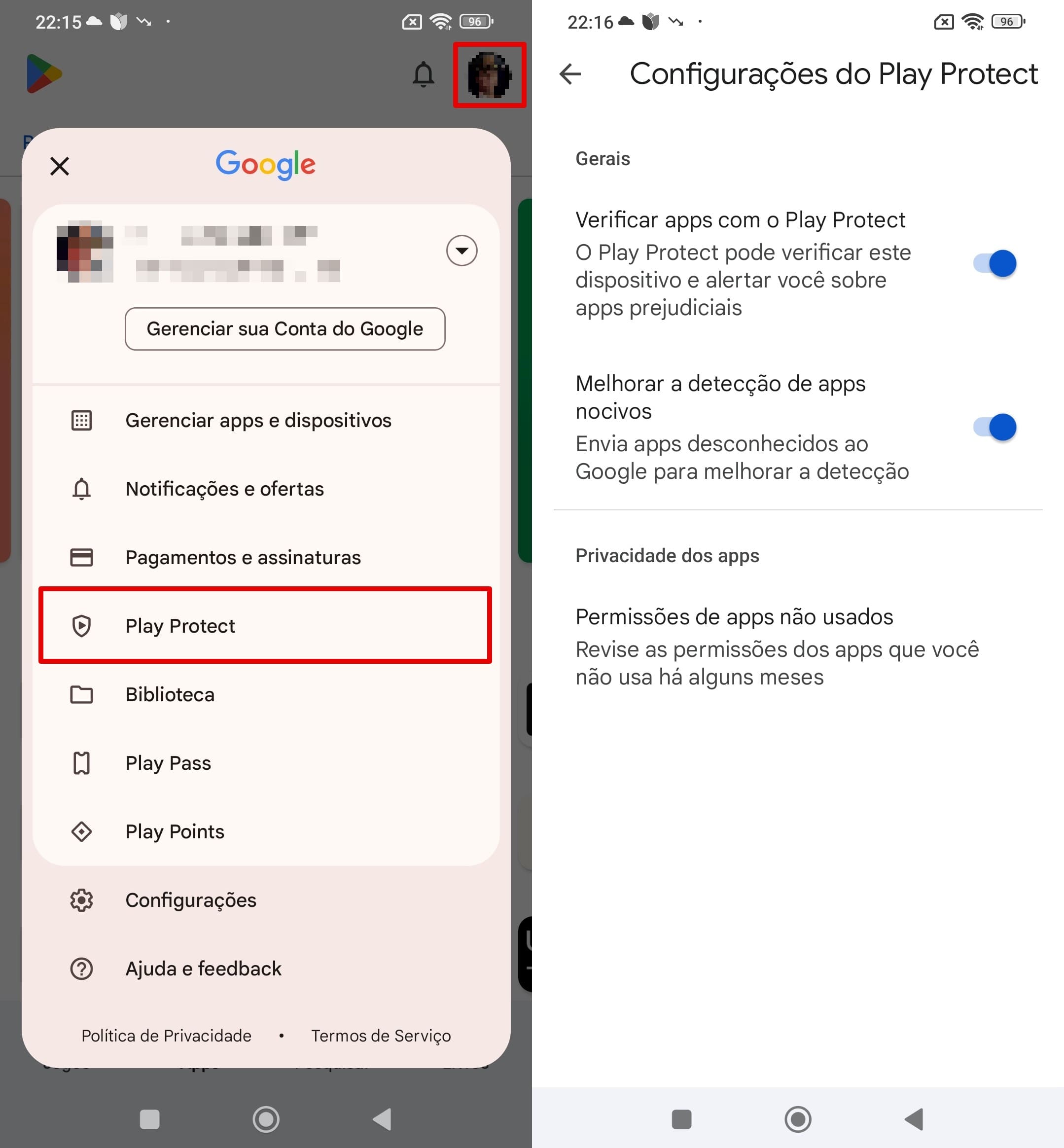 Uma imagem de como desativar o Play Protect na Google Play Store