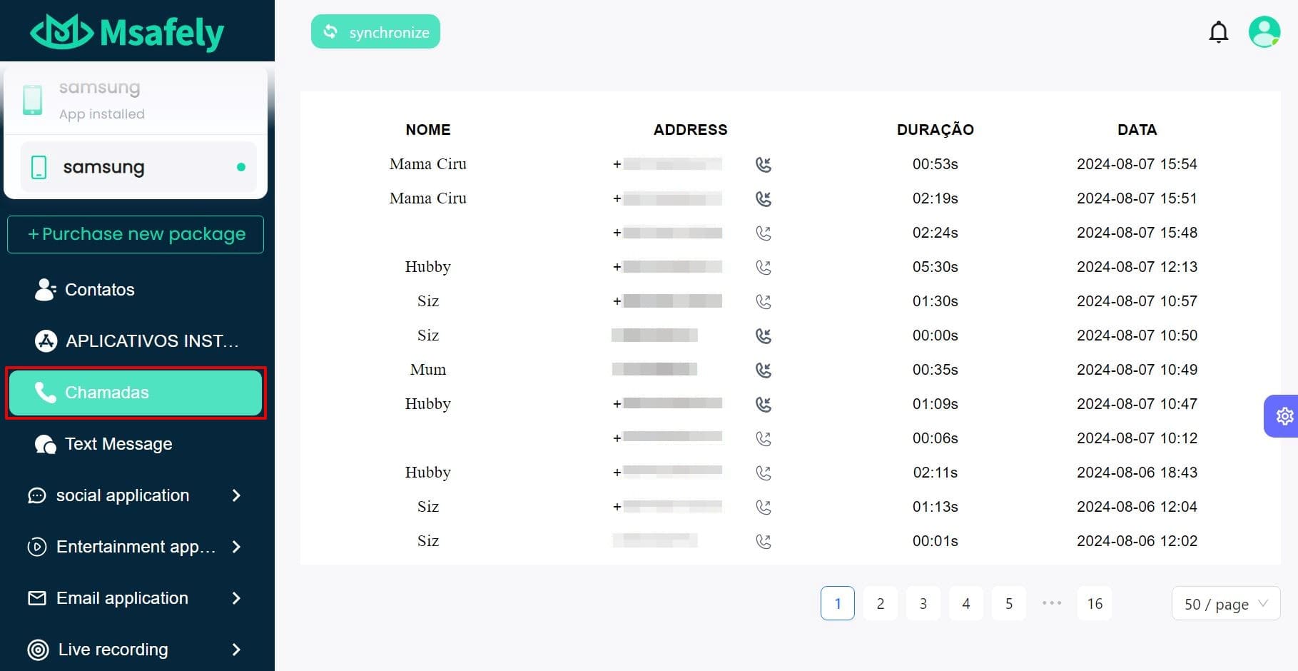 Uma imagem do monitoramento de chamadas com Msafely